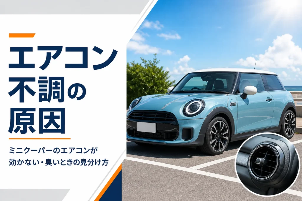 夏の日差しの中に止まるコンパクトなハッチバックとエアコン吹き出し口のイメージ