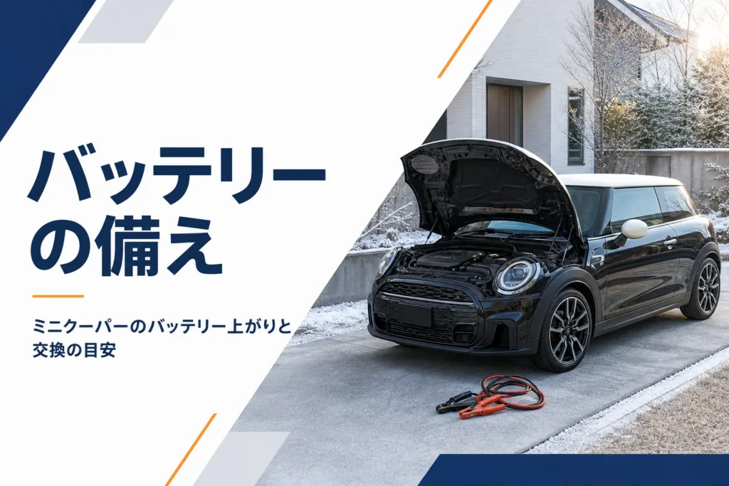冬の朝にボンネットを開けたコンパクトなハッチバックのイメージ