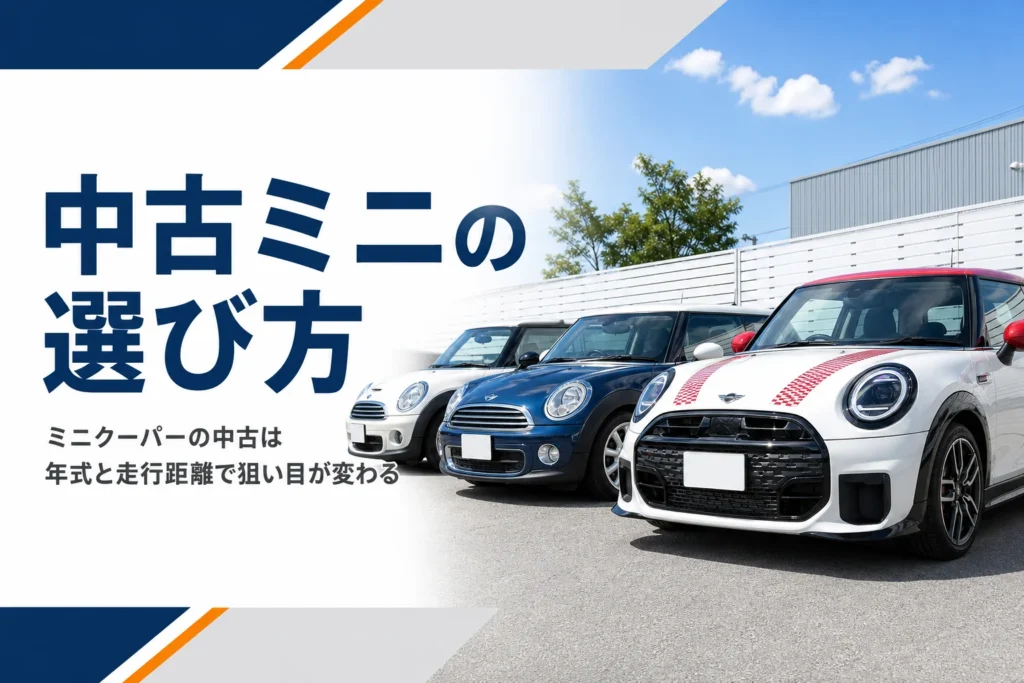 年式の違うミニクーパーが並ぶ中古車展示場