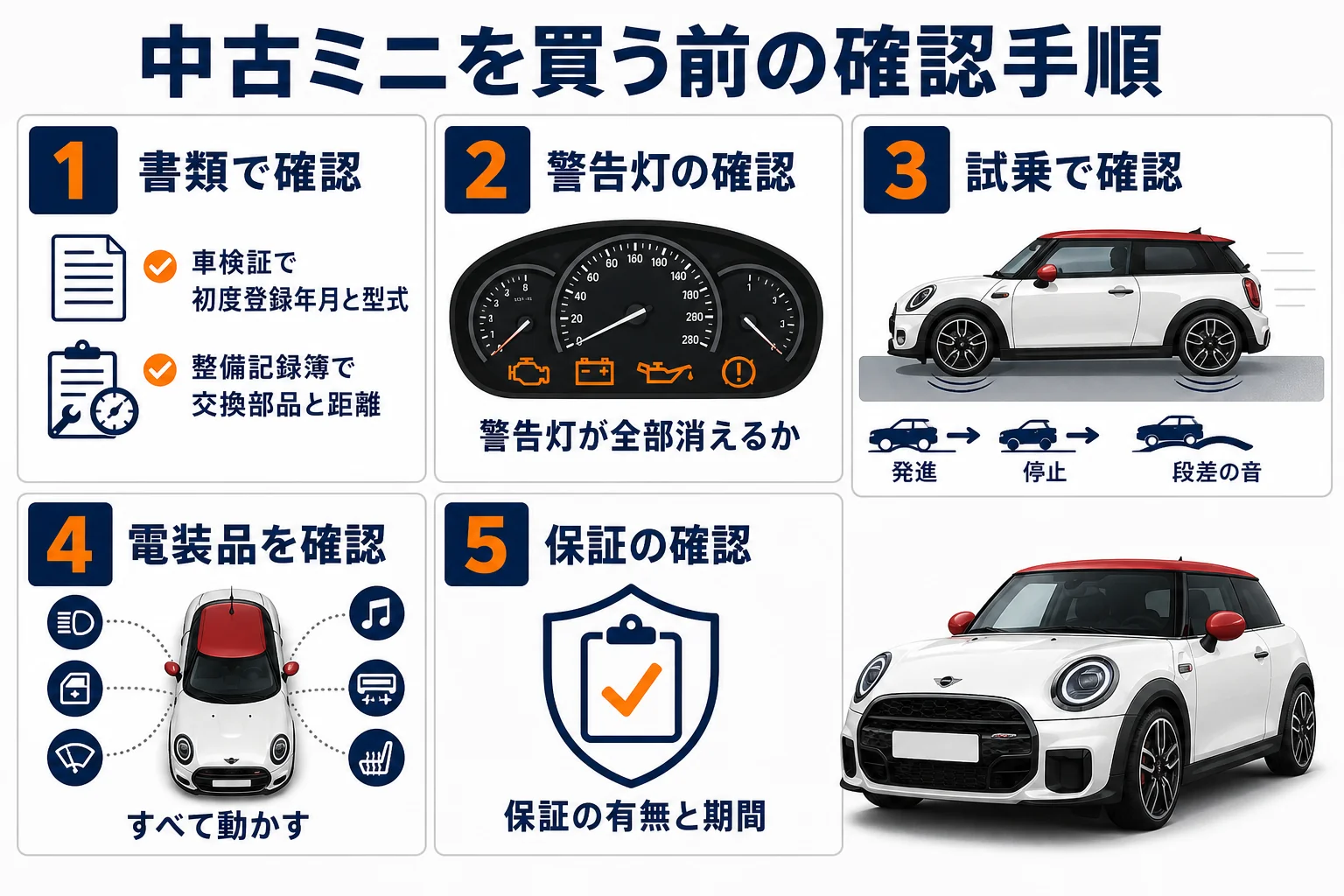 ミニクーパーの中古を買う前に確かめる手順の図解