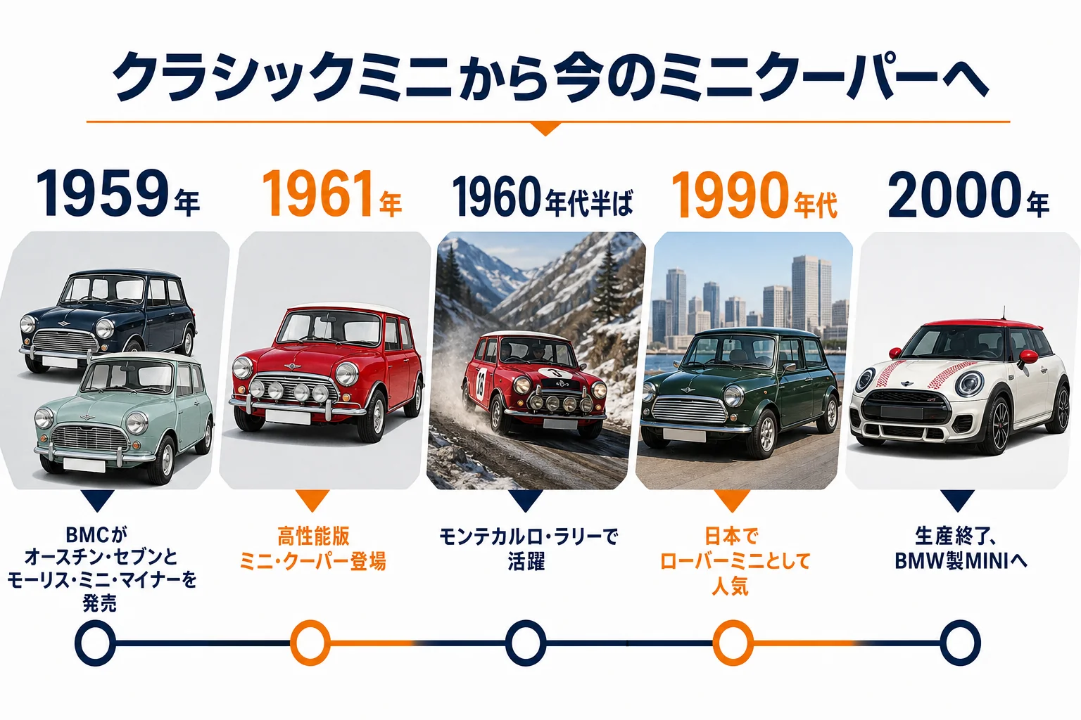 クラシックミニから今のミニクーパーまでの流れを示した図解
