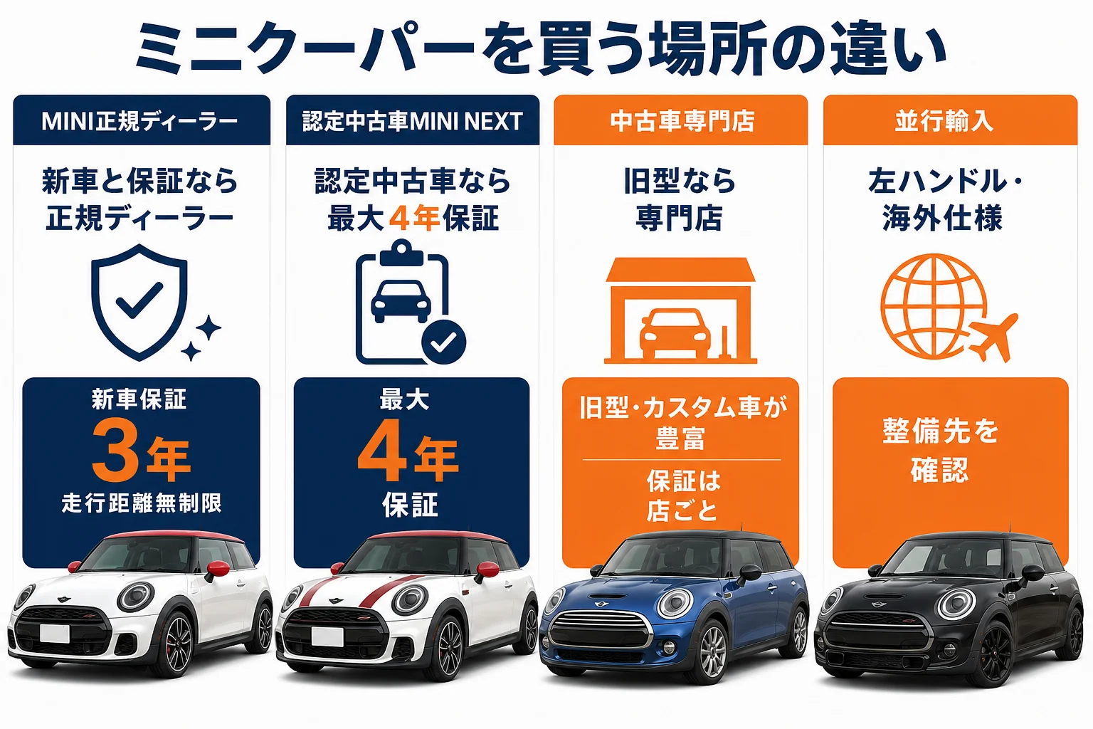 ミニクーパーを買う場所ごとの保証と向いている人の図解