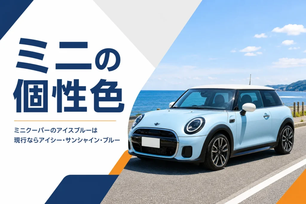 淡い水色のミニクーパーが海沿いに停まっている様子