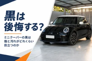 白ルーフの黒い現行ミニクーパー3ドア