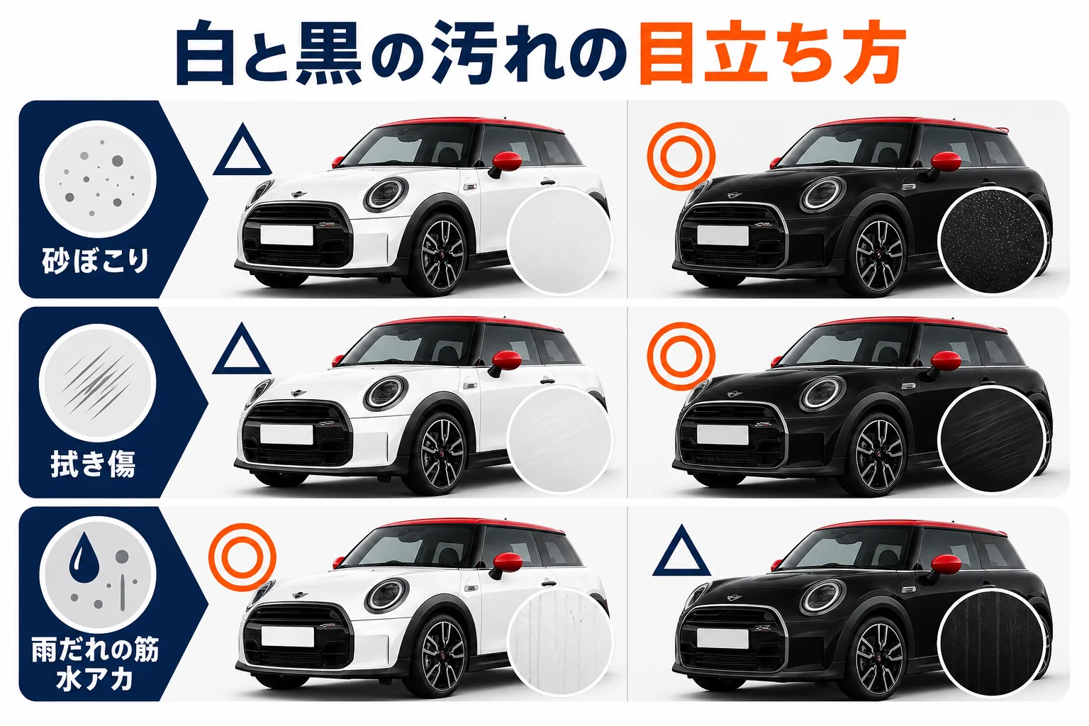 ミニクーパーの白と黒で汚れの目立ち方を比べた図解