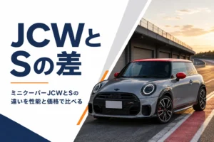 サーキットに停まる現行ミニクーパーJCWのイメージ