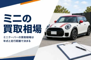 査定スペースに止まった小型ハッチバックとクリップボード