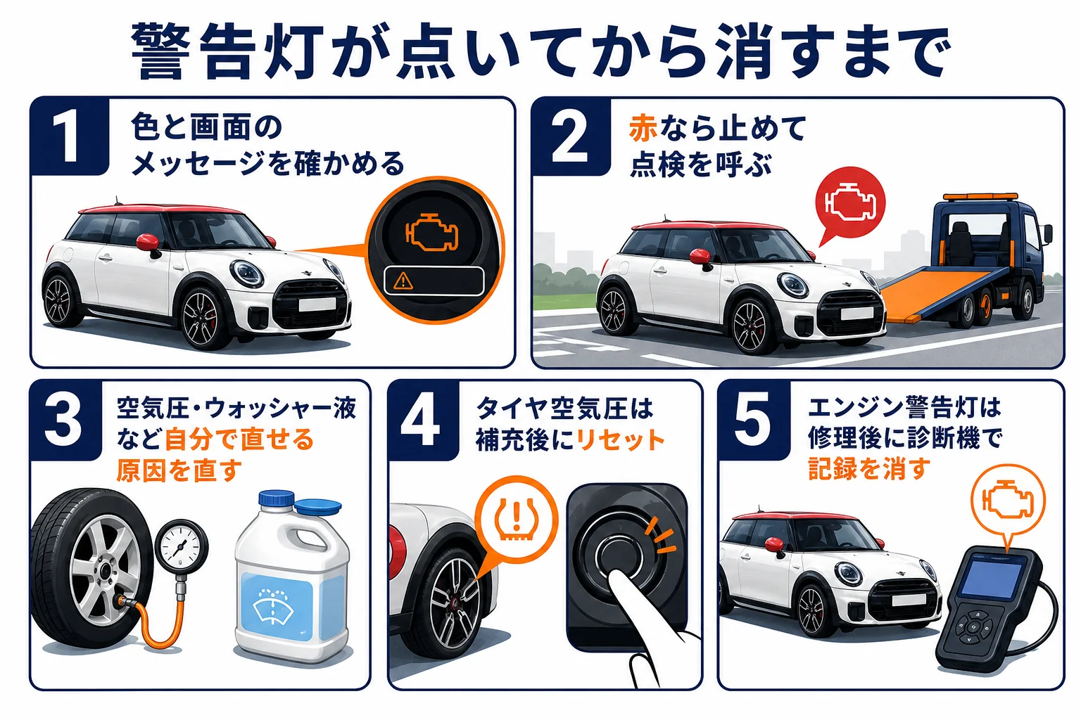 警告灯が点いてから消すまでの流れを示した図解