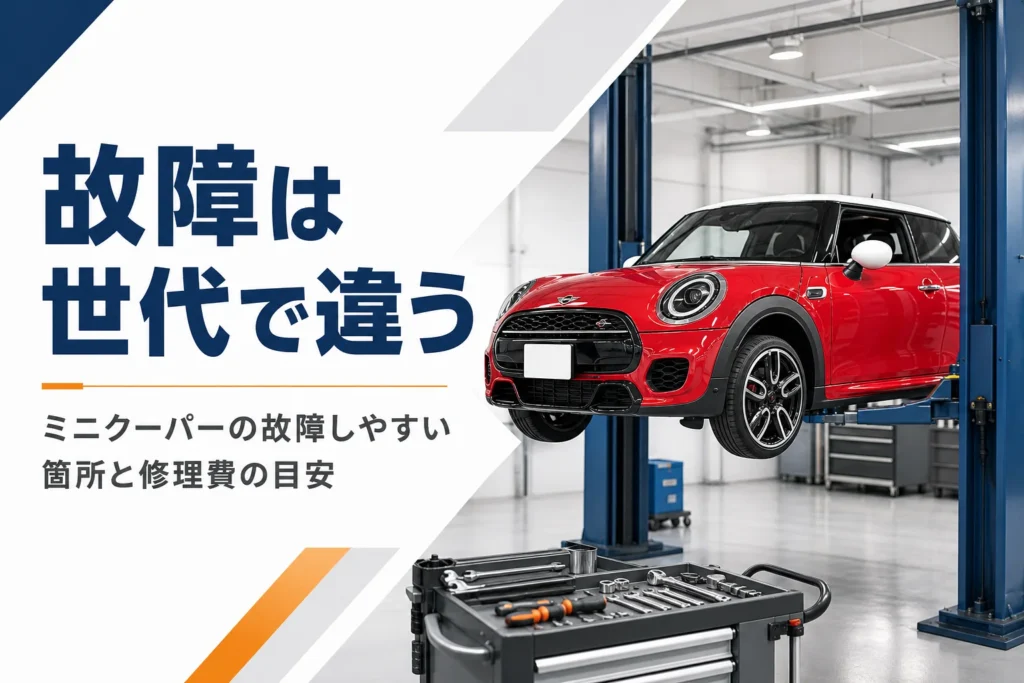 整備工場のリフトに上がったコンパクトなハッチバックのイメージ