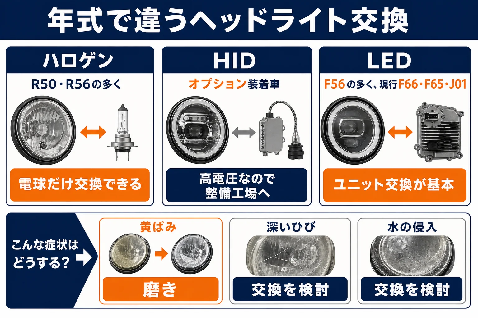 ミニクーパーの年式別ヘッドライト交換の考え方の図解