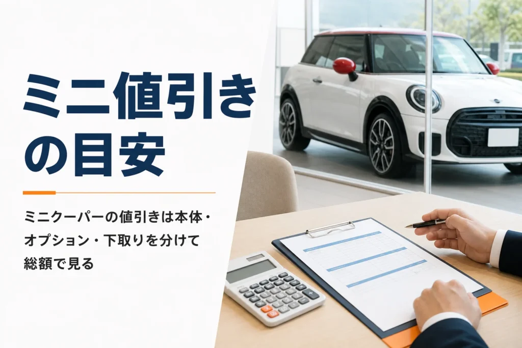 ミニクーパーの見積書を前に値引きを確認する商談テーブル