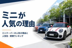 通りに並ぶ色違いの丸目ライトの小型ハッチバック