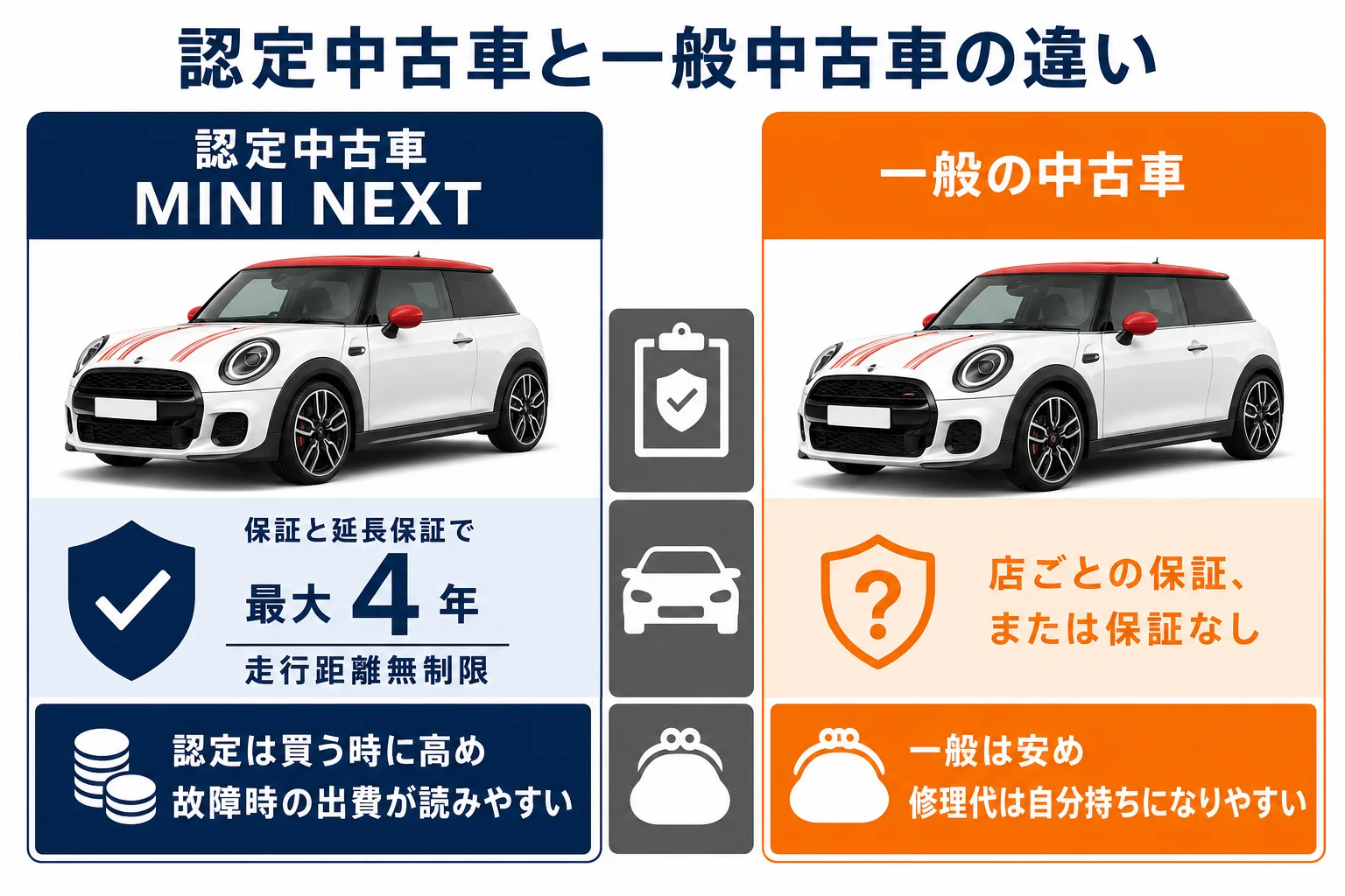 ミニクーパーの認定中古車と一般中古車の価格と保証の違いの図解