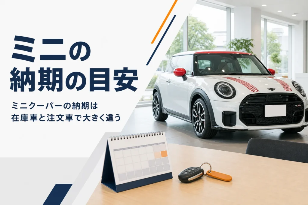 納車を待つミニクーパーとカレンダーが置かれた納車スペース