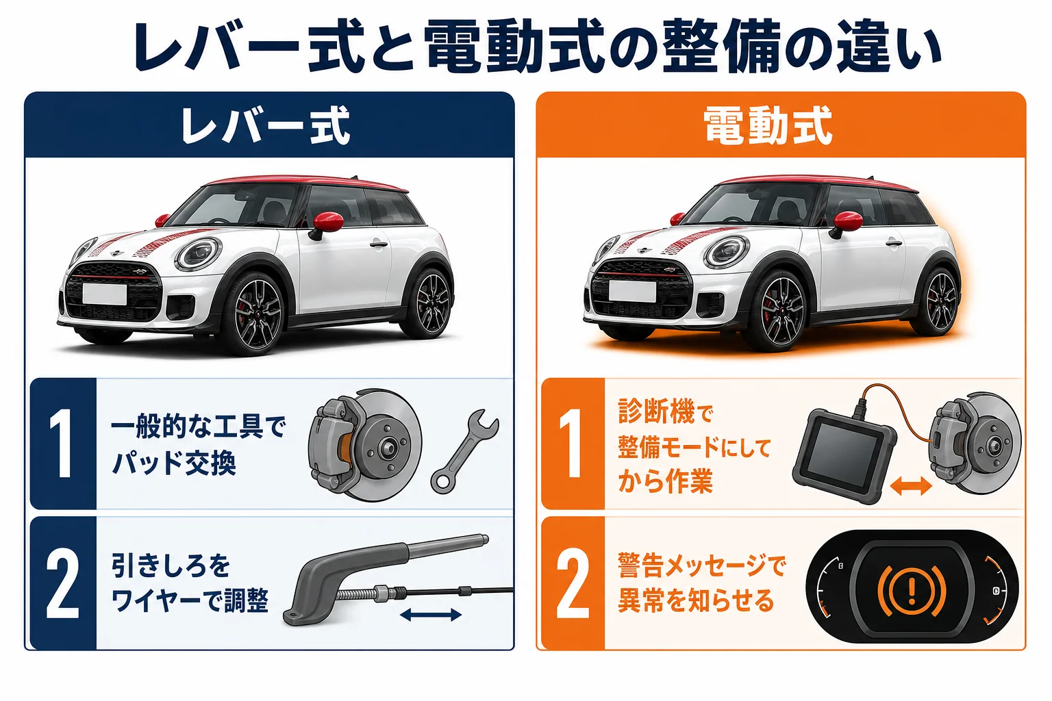 ミニクーパーのレバー式と電動式の整備の違いの図解
