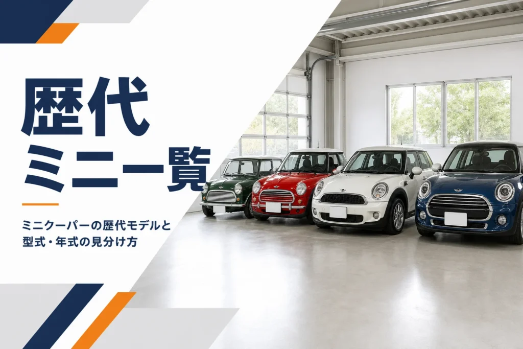 年代の違うミニクーパーが並んだガレージのイメージ
