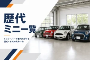 年代の違うミニクーパーが並んだガレージのイメージ