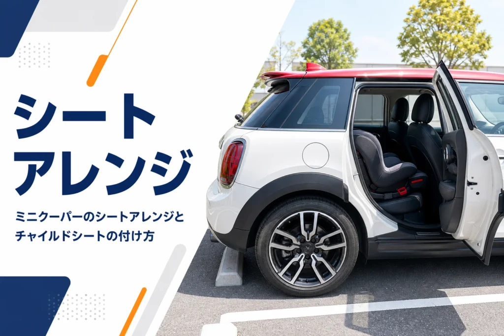 後部ドアを開けたミニクーパー5ドアの後席に付いたチャイルドシート