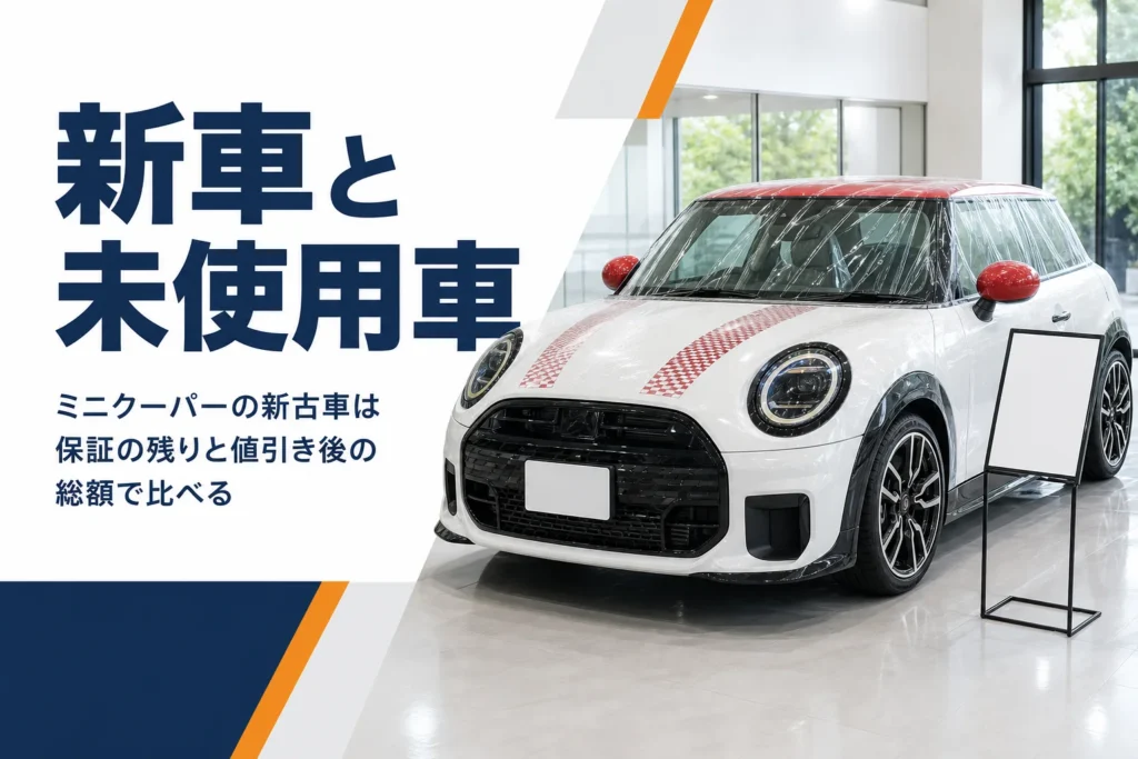 展示場に並ぶ未使用車のミニクーパー