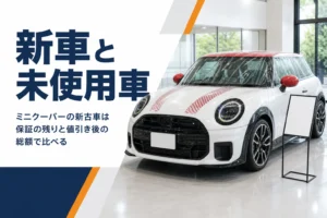 展示場に並ぶ未使用車のミニクーパー