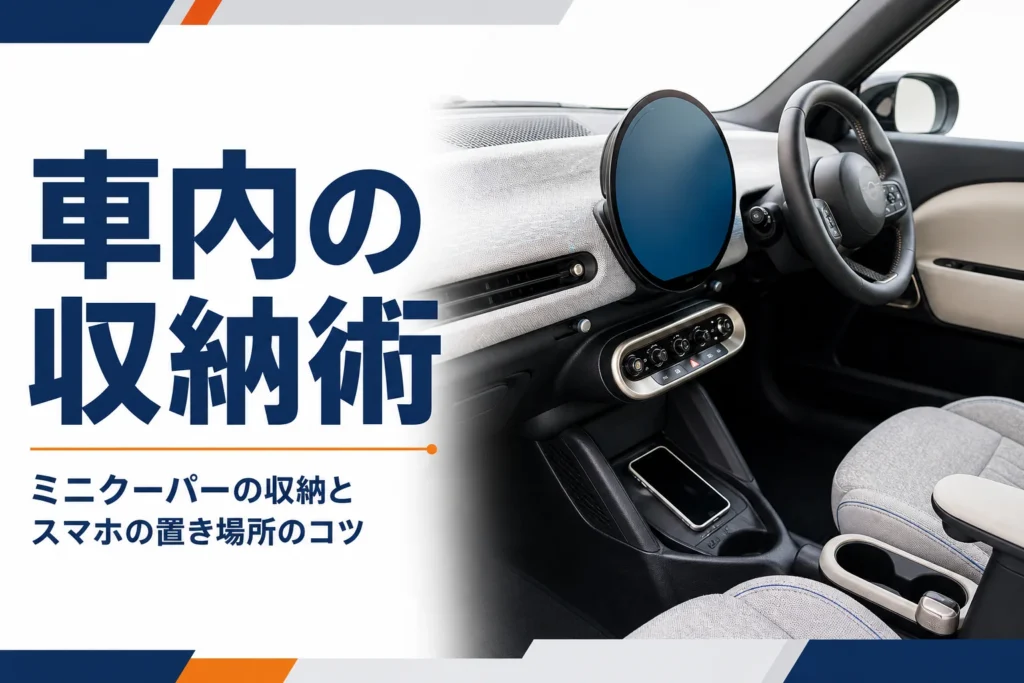 ミニクーパーの円形ディスプレイとセンターコンソールに置いたスマホ