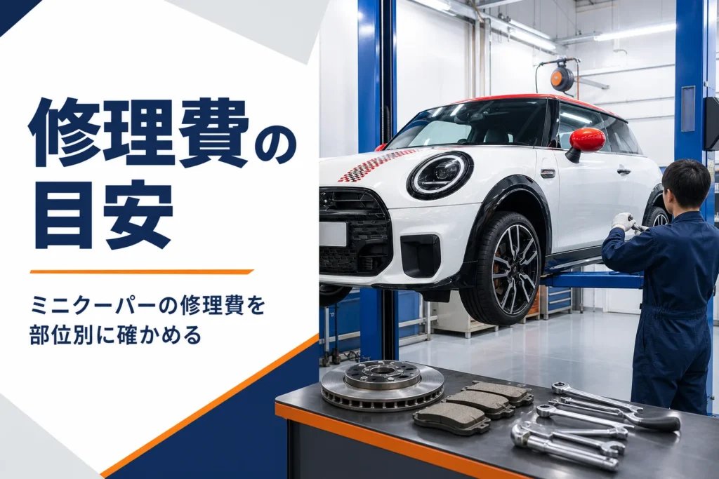 整備工場のリフトに上がったミニクーパーとブレーキ部品