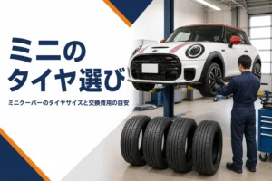 タイヤ交換のためにリフトに上がった小型ハッチバック