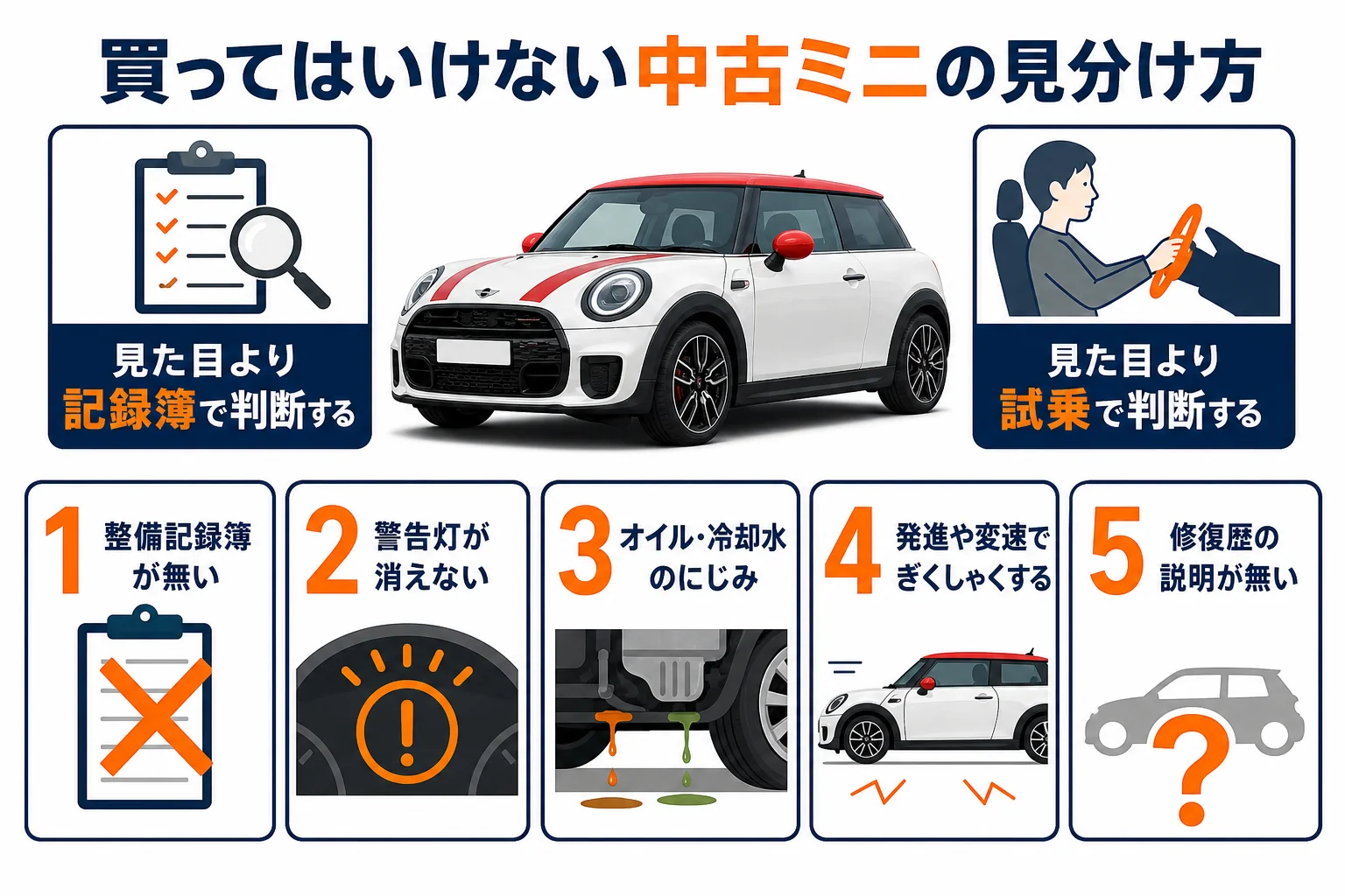 買ってはいけないミニクーパーの中古を見分けるチェック項目の図解